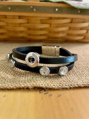 Magnolia And Vine Black Vegan Bracelet with Crystals Detail Magnetic Closure